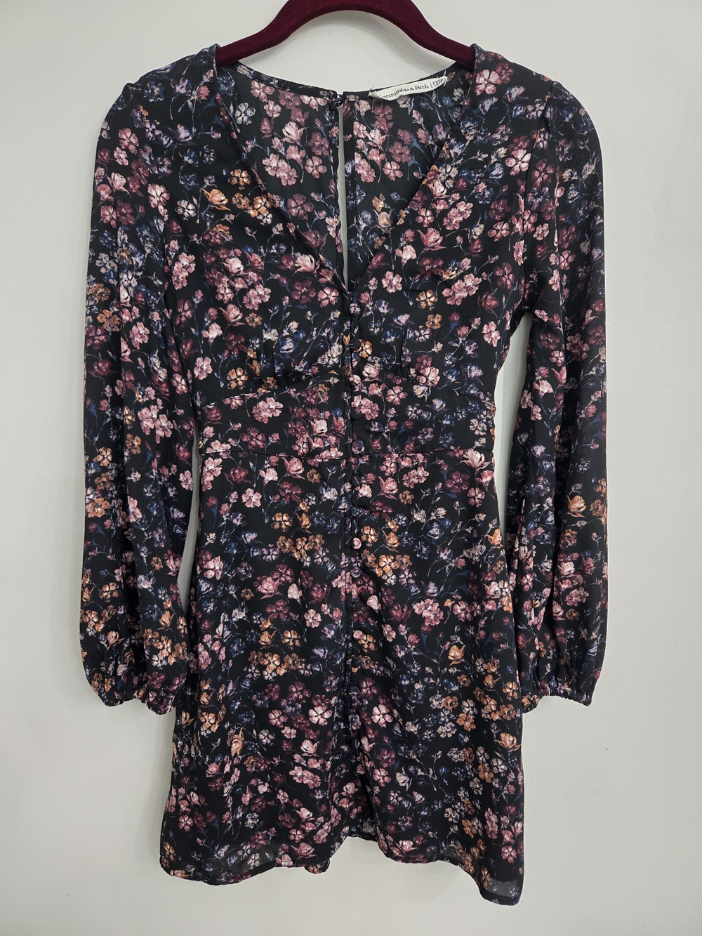 Black V Neck Faux Button Long-Sleeve Floral Mini Dress XXS Petite